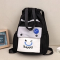 Black and white contrast nylon drawstring backpack with happy face print and multi-pockets - Black Smiley Face