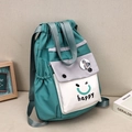 Fashionable teal and grey contrast nylon drawstring bucket backpack with happy face motif - Lake Blue Smiley Face