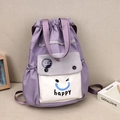 Purple and light grey nylon drawstring bucket backpack with happy face pocket detail - Purple Smiley