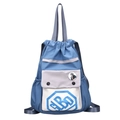 Fashionable blue and grey nylon drawstring bucket backpack with a round badge detail - Blue Letters