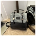 British vintage college style backpack in black leather and grey denim patchwork - Black