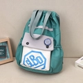 Teal and grey nylon drawstring bucket backpack with stylish contrast color design - Lake Blue Letter