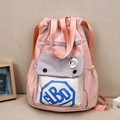 Pink and grey drawstring bucket backpack with contrast color and cute cow badge - Pink Letters