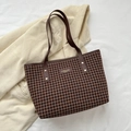 Retro-Shopper mit Hahnentrittmuster, braunen Lederriemen und goldenen Nietendetails - Braun