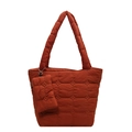 Chic orange-red quilted tote bag with matching mini pouch and wide shoulder strap - Brown