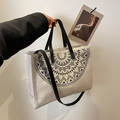 Ethnic canvas tote bag with black geometric pattern and adjustable shoulder straps - Black
