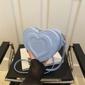 Minimalist light blue heart shaped PU leather crossbody bag with gold text detail - Blue