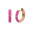 Pink enamel huggie earrings with gold plating and a single sparkling zircon crystal - Gold-Pink (A1)