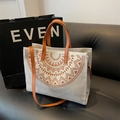 Ethnic linen tote bag in beige with brown geometric pattern and adjustable strap - Brown