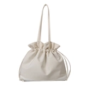 Minimalist creamy white drawstring shoulder bag with ruffled top and long handles - White