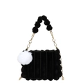 Elegante borsa a mano in pelliccia sintetica nera con strisce e catena dorata - M / Nero