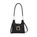 Women's black pebbled leather crossbody bag with golden buckle and chain strap on white background - Black