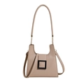 Beige rectangular crossbody bag with black square buckle and gold chain strap handle - Khaki