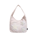 Cute large capacity canvas tote bag in apricot with plush star patches and shoulder strap - Off White