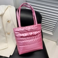Elegante borsa tote trapuntata rosa metallizzato con trama in nylon e manici a nastro - Rosa