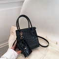 Elegant black crocodile pattern tote bag set with detachable pouch and long strap - Black