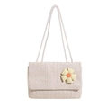 Elegante borsa tote intrecciata beige con fiore in tessuto a scacchi e spalline in corda - Bianco Sporco