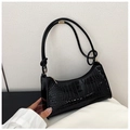 Chic black crocodile pattern handbag for women with metallic zipper and slim shoulder strap - 721 Black