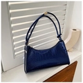 Modern dark blue crocodile embossed leather shoulder bag with glossy finish and gold hardware - 721 Blue