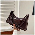Minimalist dark brown crocodile pattern underarm bag with glossy finish and gold hardware - 721 Dark Brown
