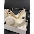 Sac fourre-tout en toile beige minimaliste avec étiquette et petite pochette ronde - Blanc