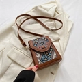 Vintage Ethno-Umhängetasche für Handys mit braunem Kunstleder und Webmustern - Schwarz