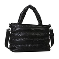 Bolso tote acolchado negro brillante con correa ajustable para hombro de mujer - Negro