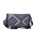 Borsa a tracolla bohémien con motivi geometrici, nappe etniche e tracolla larga - Blu