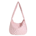 Pink quilted tote bag with floral stitching and padded half-moon shoulder design - Pink