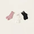 3-pack girl's cotton mid-tube socks with bows in pink, white, and black colors - M (16-18cm) / 3 Pairs Pack / Mixed Lace Melody