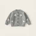 Gilet en maille gris clair pour fille avec broderies florales et boutons en bois - Gilet en Tricot à Fleurs 3D Gris (QY58113) / 100