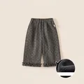 Pantalon fille gris foncé à pois avec volants et doublure polaire épaisse - 80 / Pantalon en Tweed Gris à Pois (DK25060)