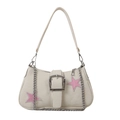 Retro canvas onderarmtas in crèmewit met roze sterren en een zilverkleurige ketting - Wit