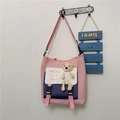 Bolso tote de lona rosa y azul con estampado de carita y un lindo oso de peluche - Rosa