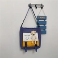 Purple canvas crossbody bag with yellow contrast pocket and cute plush bear charm - Dark Blue