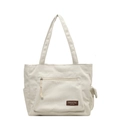 Large capacity white corduroy bucket bag with wide shoulder strap and front zipper pocket - White