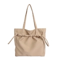 Large beige drawstring tote bag with scrunchie pleated design and slim shoulder straps - Khaki