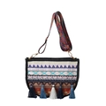 Bohemian embroidered crossbody bag with colorful tassels and wide ethnic woven strap - Dark Blue Geometric (Style 1)