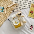Mini cream canvas crossbody bag with cute 3D plush bear and yellow dinosaur pocket - White