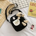 Cute black canvas crossbody bag with white plush bear and bunny patches for women - Black