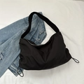 Large capacity black nylon hobo bag with adjustable side drawstrings and wide strap - Black