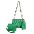 Set di 3 borse in pelle PU verde con motivo trapuntato a V e catena dorata elegante - Verde