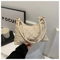 Chic beige quilted shoulder bag with diamond stitching and golden ring handle - Light Khaki