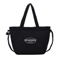 Minimalist black corduroy tote bag with Fashionly 1990 logo and drawstring detail - Black