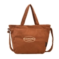 Brown corduroy tote bag featuring dual handles and embroidered Fashionly logo - Brown