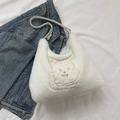 White faux fur shoulder bag with cute cartoon rabbit embroidery and adjustable strap - White