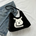 Black plush shoulder bag with cute white cartoon animal embroidery and adjustable strap - Black