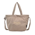 Brown corduroy tote bag featuring FASHIONLY 1990 embroidery and adjustable strap - Khaki