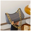 Holographic black glitter hobo bag with chunky gold chain strap for women - Black