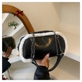 Winter faux fur trim shoulder bag in black and white finish with silver chain strap - Black